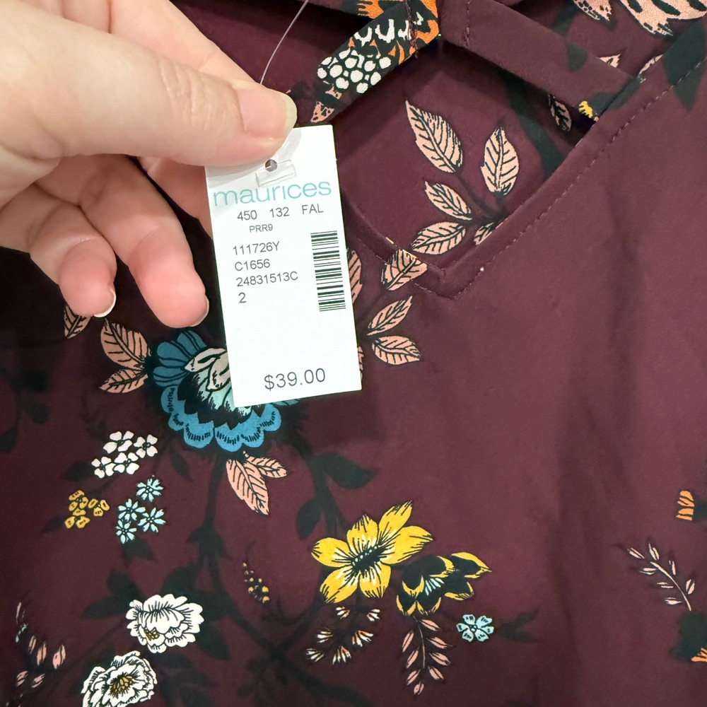 Maurices Floral Blouse Size 2 - 2XL Long Sleeve Criss Cross Neckline Burgundy - Picture 5 of 9